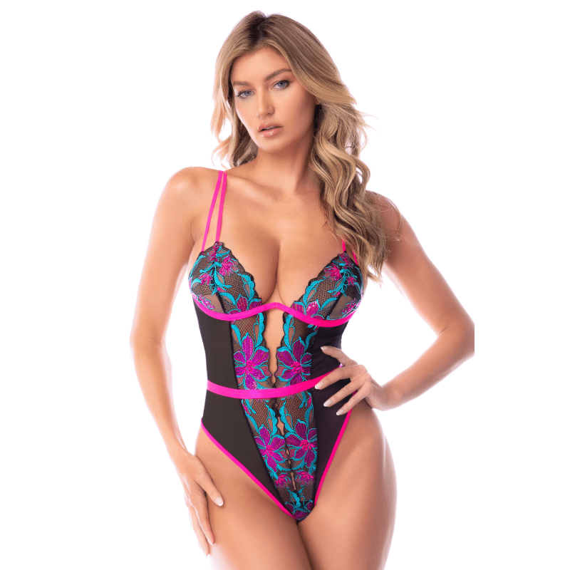Blue and pink embroidered sheer mesh sequin bodysuit – Mapalé
